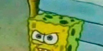 SpongeBob looking annoyed because his planned outfit looks silly.