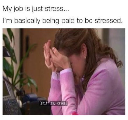 Woman sitting at a desk stressed out with caption about job stress.