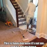 Man accidentally spills white paint everywhere in a staircase mishap.