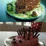 Two photos showing a hedgehog cake attempt gone hilariously wrong