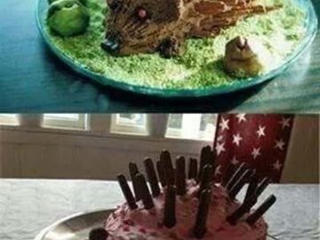 Two photos showing a hedgehog cake attempt gone hilariously wrong
