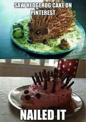Two photos showing a hedgehog cake attempt gone hilariously wrong