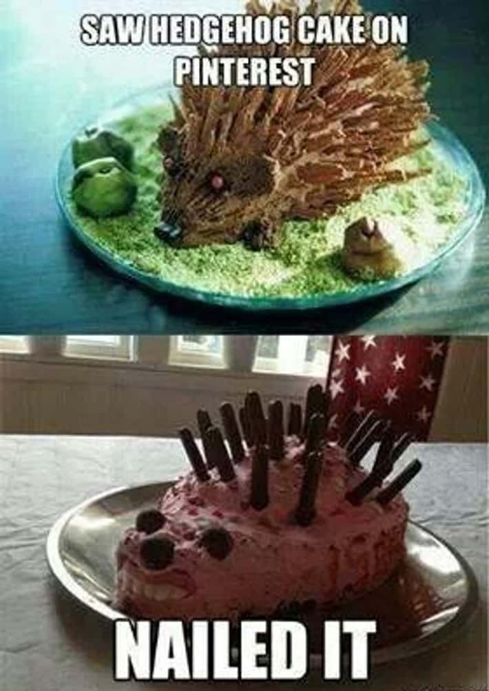 Two photos showing a hedgehog cake attempt gone hilariously wrong