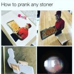 Cardboard cutout pizza prank setup at door