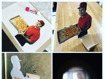 Cardboard cutout pizza prank setup at door
