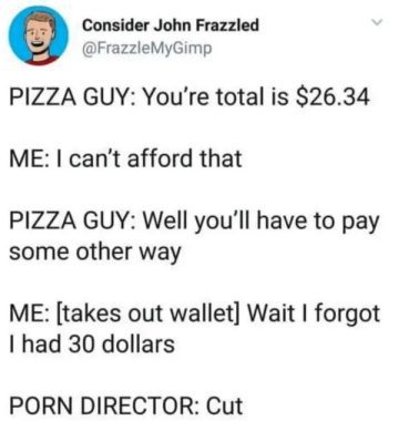 Dark humor meme about an unexpected pizza payment twist