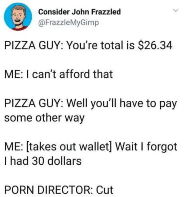 Dark humor meme about an unexpected pizza payment twist