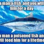 Image of a fish with dark humor text about poisoned fish.