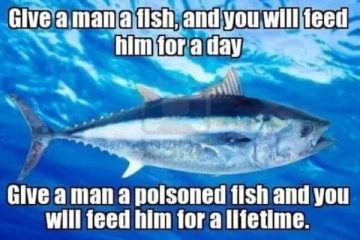 Image of a fish with dark humor text about poisoned fish.