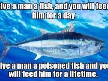 Image of a fish with dark humor text about poisoned fish.