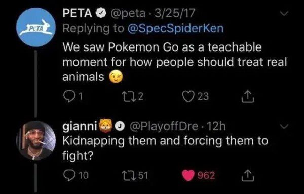 PETA tweet compared Pokémon Go to real animal treatment, replied with dark humor.
