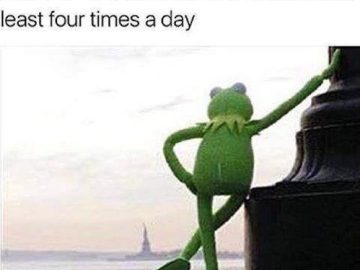 Kermit leans on a pole, pondering life's mysteries.