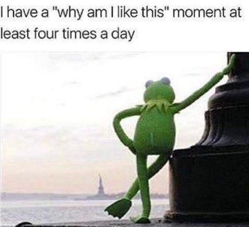 Kermit leans on a pole, pondering life's mysteries.