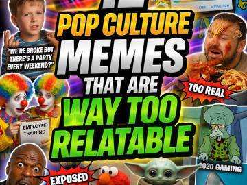 Colorful collage of relatable pop culture meme moments with bold headline text and expressive characters