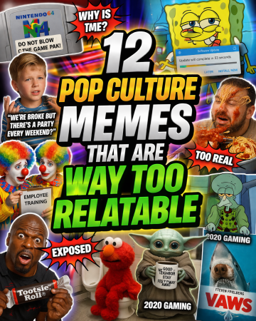 Colorful collage of relatable pop culture meme moments with bold headline text and expressive characters