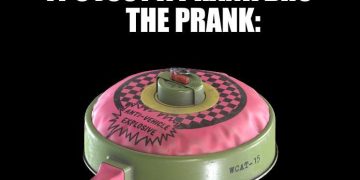 A humorous meme showing a prank with a fake explosive device labeled for comedy.