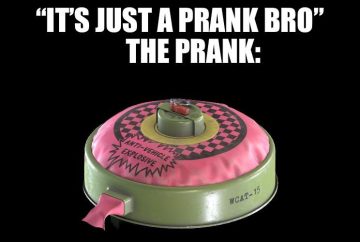 A humorous meme showing a prank with a fake explosive device labeled for comedy.