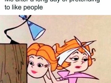 Cartoon woman removing happy mask after pretending to like people.