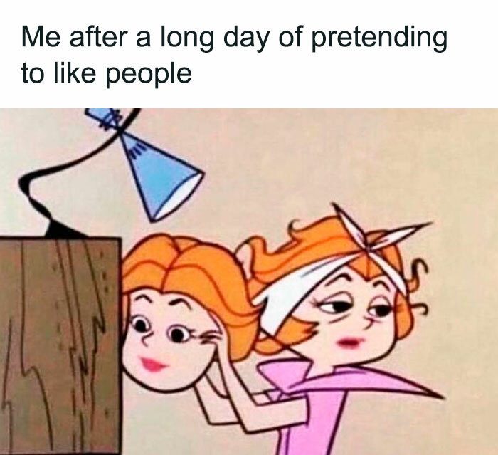 Cartoon woman removing happy mask after pretending to like people.