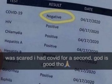 Medical test results showing negative COVID-19 result; relieved person.