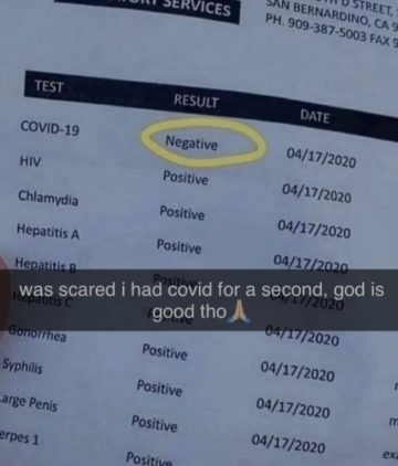 Medical test results showing negative COVID-19 result; relieved person.