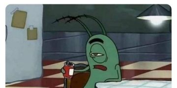 Tired cartoon character holding drink, feeling lazy.