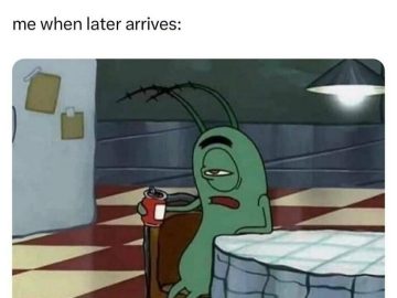 Tired cartoon character holding drink, feeling lazy.