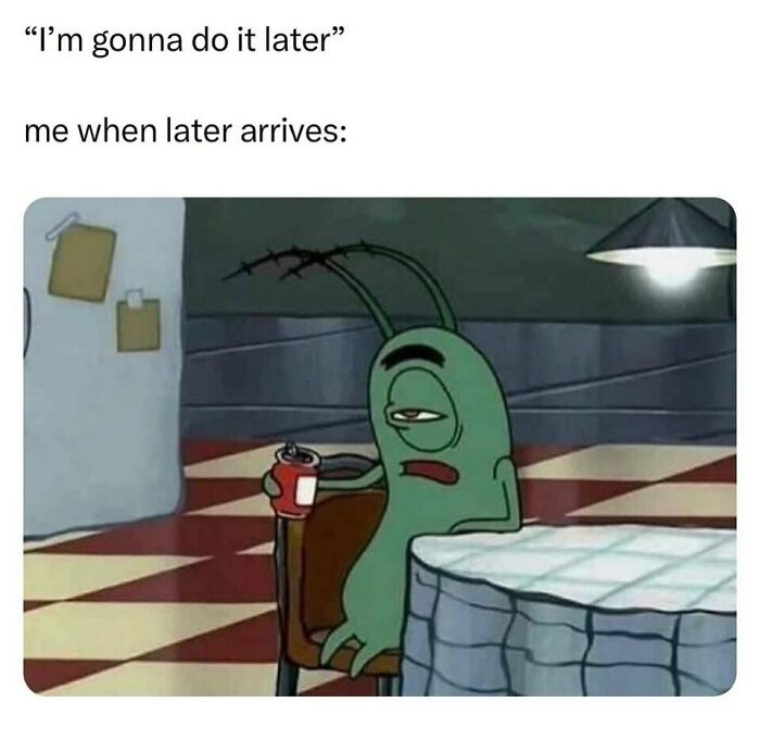 Tired cartoon character holding drink, feeling lazy.