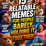 Bold collage of stressed and awkward everyday moments with large meme-style headline text about relatable memes for people barely holding it together
