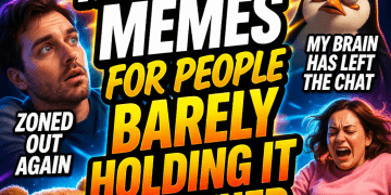 Bold collage of stressed and awkward everyday moments with large meme-style headline text about relatable memes for people barely holding it together