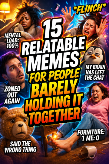 Bold collage of stressed and awkward everyday moments with large meme-style headline text about relatable memes for people barely holding it together