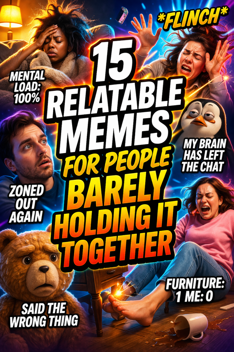 Bold collage of stressed and awkward everyday moments with large meme-style headline text about relatable memes for people barely holding it together
