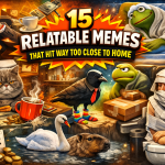 Featured image for 15 Relatable Memes That Hit Way Too Close to Home showing a chaotic collage of work stress, money problems, exhaustion, package delivery, and everyday relatable struggles.