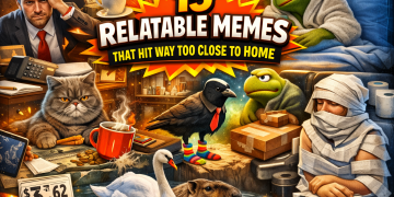 Featured image for 15 Relatable Memes That Hit Way Too Close to Home showing a chaotic collage of work stress, money problems, exhaustion, package delivery, and everyday relatable struggles.