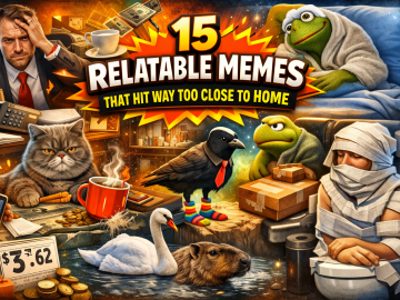 Featured image for 15 Relatable Memes That Hit Way Too Close to Home showing a chaotic collage of work stress, money problems, exhaustion, package delivery, and everyday relatable struggles.