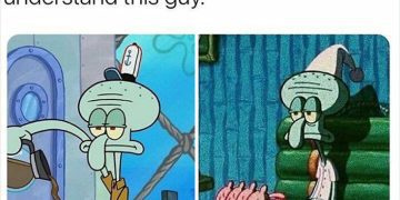 Squidward looking grumpy with coffee and in bed, relatable adult life.