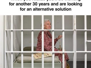 Elderly woman in jail cell, looking for alternative retirement plan.
