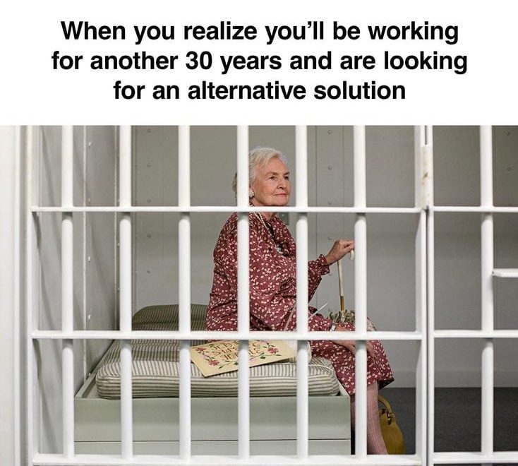 Elderly woman in jail cell, looking for alternative retirement plan.
