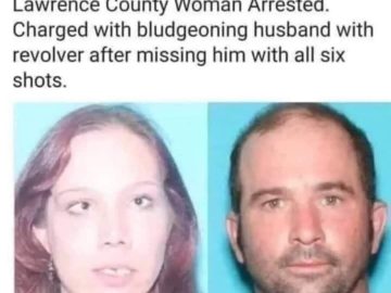 Mugshots with ironic bludgeoning after gun misfire scenario.