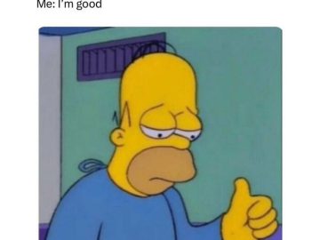 Cartoon character giving a sad thumbs up while looking glum.