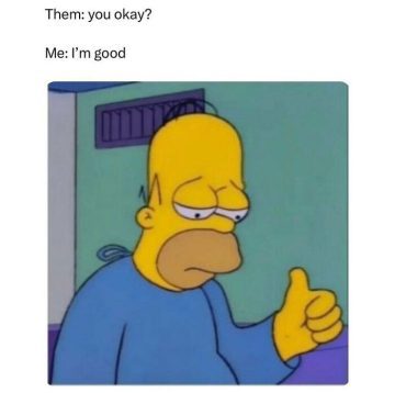 Cartoon character giving a sad thumbs up while looking glum.