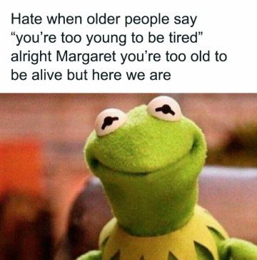Kermit meme about being too young to be tired with sarcastic humor