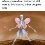 Skeleton with fairy wings and tutu spreading dead inside cheer
