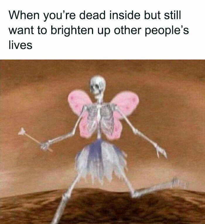 Skeleton with fairy wings and tutu spreading dead inside cheer