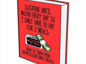 Cartoon book cover about using depression to save on meals.