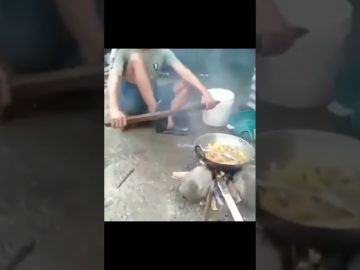 Thumbnail for a funny outdoor cooking video showing a simple fire-side moment turning into sudden chaos and a fast fail