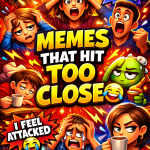 Collage of relatable pop culture memes with bold text overlay and chaotic humorous visuals