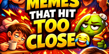 Collage of relatable pop culture memes with bold text overlay and chaotic humorous visuals