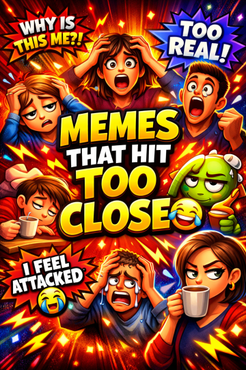 Collage of relatable pop culture memes with bold text overlay and chaotic humorous visuals