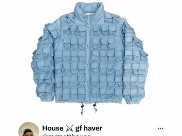 Blue jacket with 175 pockets, tweet about storing 174 pictures of a girlfriend and space for a cool rock.